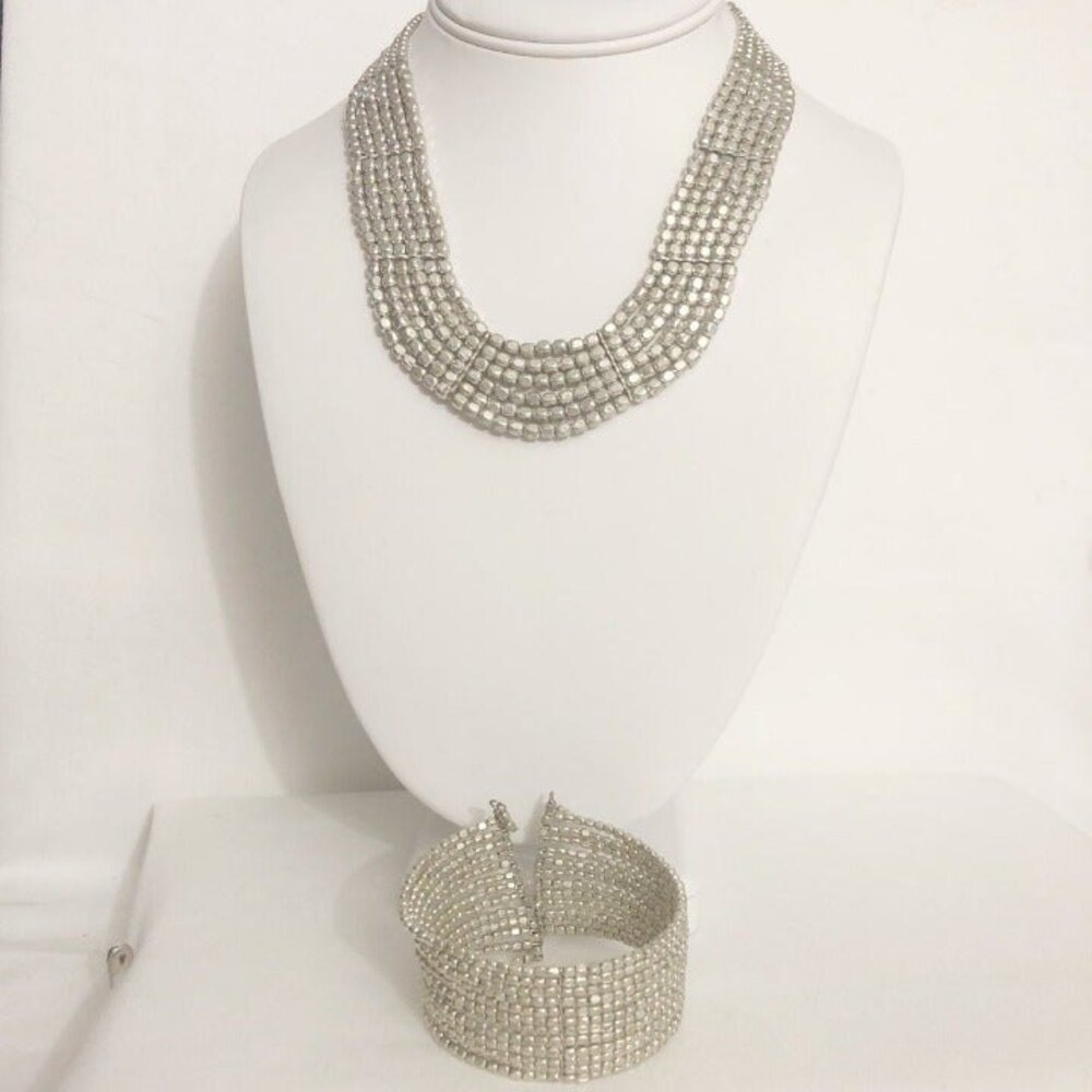 Zad Silver Tone Metal Layered Collar Statement Necklace Bracelet Set